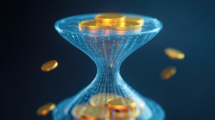 Digital Hourglass Concept with Golden Coins, Binary Code, and Flow of Data Representing Time, Value, and Technology in a High-Tech Financial Environment