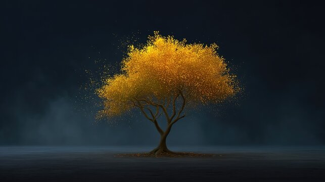 Vibrant Golden Tree with Bright Leaves Against Dark Background in Captivating Nature Scene Perfect for Wallpapers or Art Prints