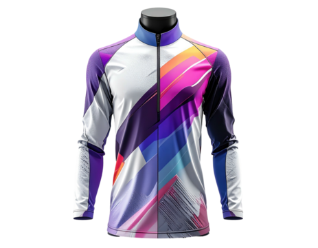 A long-sleeved athletic shirt, featuring a striking abstract geometric design in vivid colors