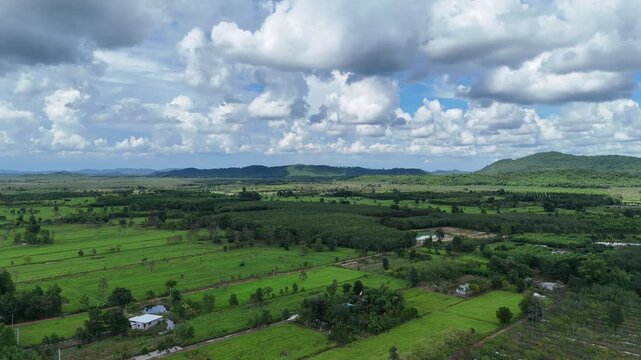 The video presents a panoramic aerial view of a lush, expansive landscape characterized by green fields, scattered trees, and small structures