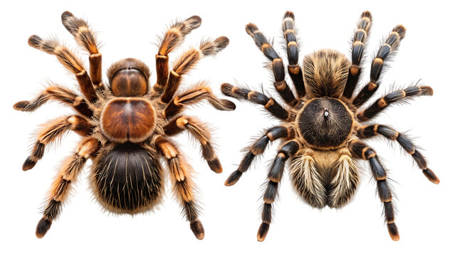 Two detailed tarantulas close up isolated macro photography arthropod specimen study