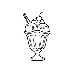 (Ice Cream Sundae Line Art. Delightful frosty confection sketch. Three scoops in an ornate cup, garnished with a cherry and wafer. Evokes childhood joy, warmth, and sweet pleasure.)
