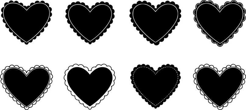 Scalloped Edge Stitched Heart Frame Badge Set. Simple label sticker template. Cute Valentines Day frill ornament. Vector illustration isolated on white background.