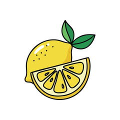 (Fresh Cartoon Lemon and Slice. A bright yellow citrus fruit and a zesty wedge are depicted in a cheerful cartoon style, symbolizing vitality and health.)