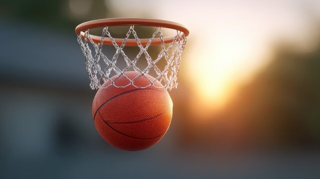 Action shot of a basketball soaring through the air towards a hoop with sunlight glowing in the background, capturing the essence of sports and competition