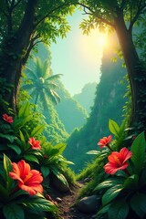 Tranquil Lush Tropical Jungle Vibrant Flowers Blooming Under the Radiant Sun