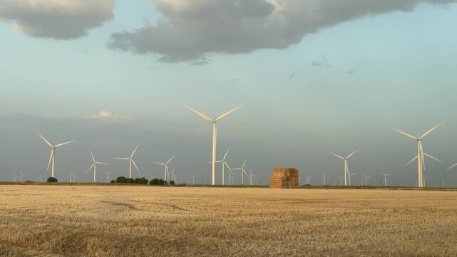 Combine harvester working in wheat field with windmills