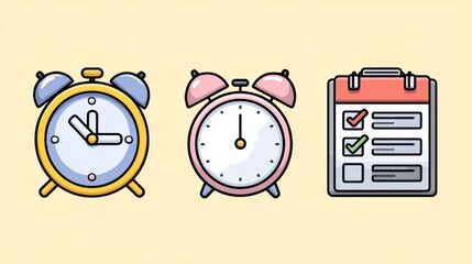 Time Management Trio: Colorful Cartoon Alarm Clocks and a Clipboard Checklist