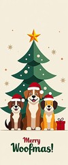 Fototapeta premium Three adorable dogs wearing santa hats sit in front of a decorated christmas tree with the text merry woofmas below, perfect for holiday greetings and pet lovers