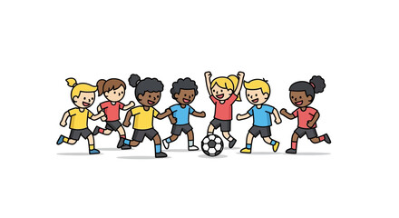 Diverse group of cartoon children joyfully playing soccer together in a sunny field
