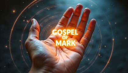 Hand holding glowing "Gospel of Mark" text against mystical dark background, New Testament, Bible