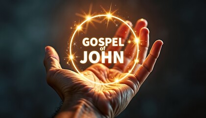 Hand holding glowing "Gospel of John" text against dark background, New Testament, Bible	
