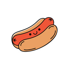 (Smiling Hot Dog Character. A cheerful frankfurter in a bun. This delightful illustration conveys simple joy and comfort, perfect for playful themes and lighthearted designs.)