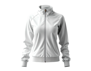 Rendered white athletic jacket on display, featuring ribbed cuffs, hem, and a full zipper