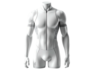 A monochromatic 3D render of a male mannequin in a form-fitting, sporty jumpsuit