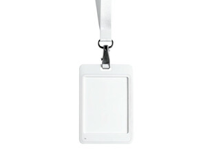 Plain white ID badge with a lanyard clip hanging against a black background
