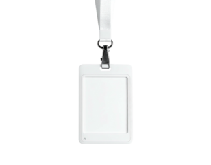 Plain white ID badge with a lanyard clip hanging against a black background