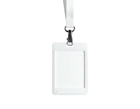 Plain white ID badge with a lanyard clip hanging against a black background