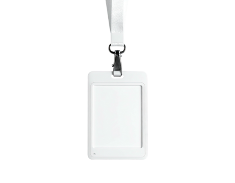 Plain white ID badge with a lanyard clip hanging against a black background