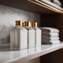 Elegant bottles on marble shelf. Implies luxury, wellness, beauty or spa products. Great for branding, packaging mockups, lifestyle content. Sophisticated  stylish.