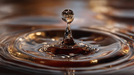 A droplet of a dark beverage creating a ripple, backlit with golden light.