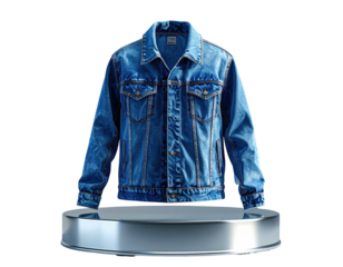 A faded blue denim jacket rests on a reflective silver cylindrical platform, a classic fashion piece