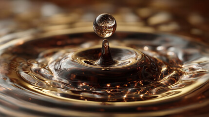 A droplet of a dark beverage creating a ripple, backlit with golden light.