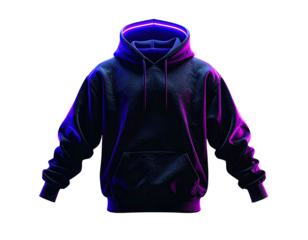 A dark-colored hoodie with a glowing neon outline, isolated on black background
