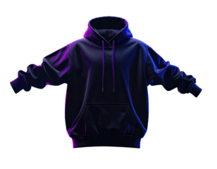 A dark navy hoodie floats with arms outstretched, lit with purple and blue hues against a black background
