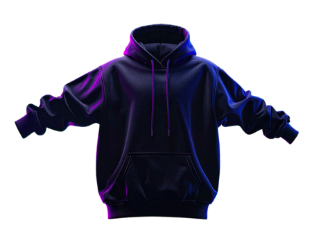 A dark navy hoodie floats with arms outstretched, lit with purple and blue hues against a black background
