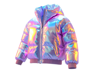 Iridescent winter coat with hood and zipper against a black background