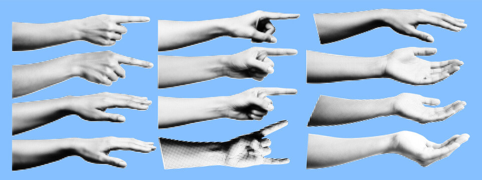 Halftone pop art collage of hands with gestures pointing, open palm, holding and showing signs with halftone texture isolated on blue background