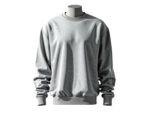 Realistic studio product shot of a plain grey sweatshirt on a headless mannequin, black background