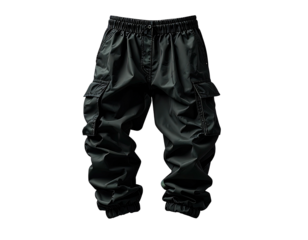 Black baggy pants featuring cargo pockets, a button closure, and elastic cuffs