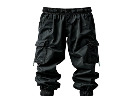 A pair of loose-fitting black cargo pants with elastic cuffs and pockets shown against a dark backdrop