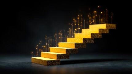 Elegant golden stairs with enchanting light particles creating a magical atmosphere, inviting viewers to imagine a journey towards success and aspiration in a dark space