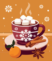 A warm vector illustration of a cup of hot cocoa with marshmallows, cinnamon, oranges, pine cones on a bright background. Cozy, festive mood. For packaging, cards, holiday designs, social media