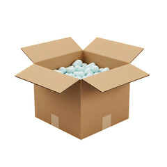 Open cardboard box filled with light blue packing peanuts, Isolated on a Transparent Background, PNG, Cutout