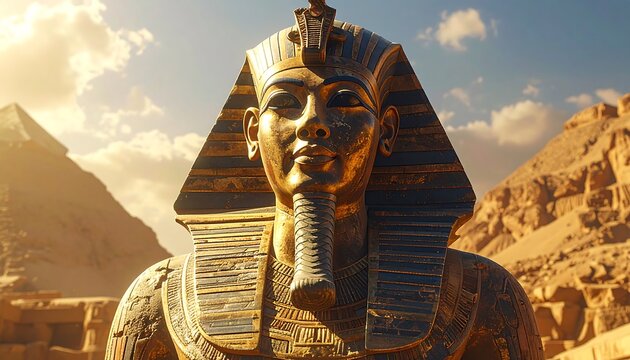 A golden, stoic statue of an ancient ruler stands before pyramids under a sunlit, cloudy sky
