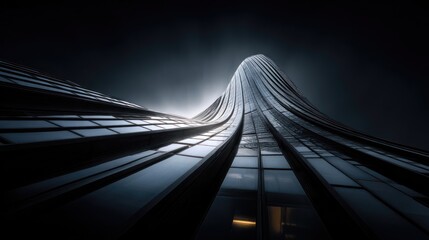Obraz premium Dramatic Architectural Perspective: Curving Modern Skyscraper Against Dark Sky