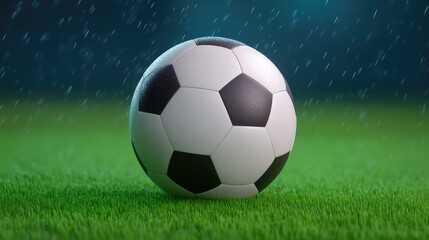 Naklejka premium A Close-Up of a Classic Soccer Ball on Rainy Green Grass with a Gentle Blur in the Background, Perfect for Sports-Themed Designs and Advertisements