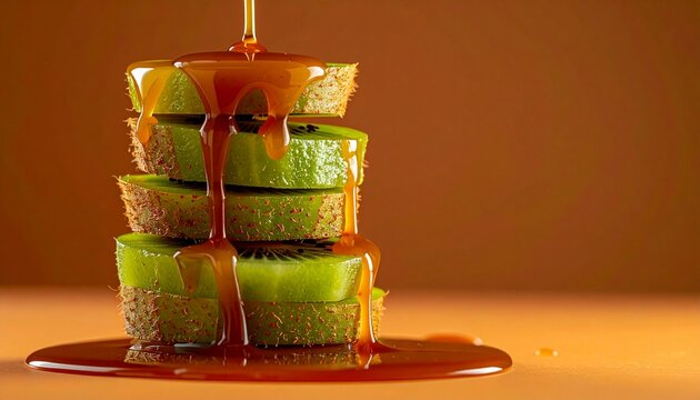 Stacked kiwi slices with glossy caramel sauce slowly dripping over them on an orange background. - Powered by Adobe