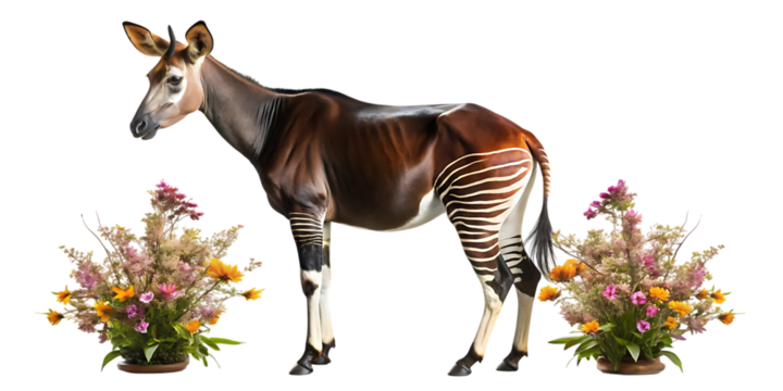 Unique okapi standing gracefully amidst a vibrant floral arrangement against a dark backdrop