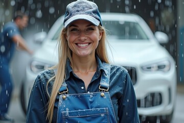Successful Car Wash Owner in Work Attire Embraced by Suds and Shiny Vehicle: A Dedication to Quality Service