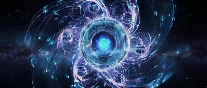 Abstract animation of a quantum computer core with glowing qubits and energy fields. Represents futuristic technology, high-performance computing, and scientific innovation.