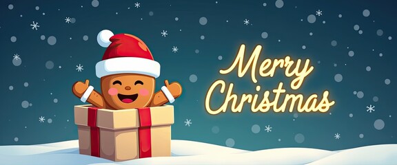 Cute gingerbread man wearing a santa hat popping out of a gift box with merry christmas text and falling snow, festive holiday illustration