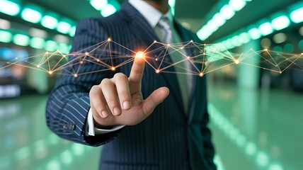 Man in suit touching glowing digital network connection with finger pointing