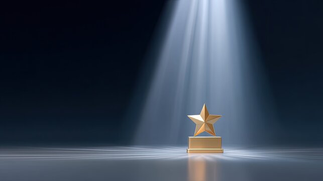 Golden star trophy illuminated under bright spotlight with dark background for achievements and awards recognition
