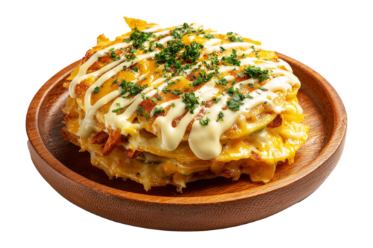 Papa a La Huancana Sliced potatoes in creamy dressing with chili pepper, and garlic in wooden bowl isolated on white transparent background, concept of South American Cuisine and food snack