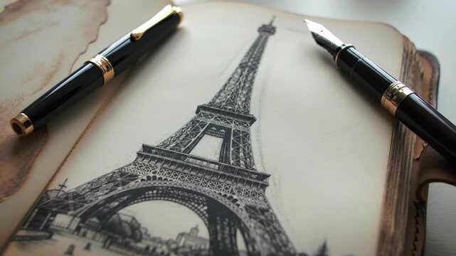 Sketch of Eiffel Tower, Paris, France in journal with two pens. Travel concept, architecture illustration, travelogue, drawing, vintage style.